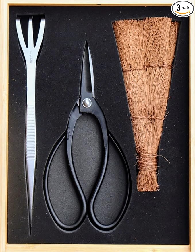 Tinyroots Bonsai Tool Kit - 3 Piece Set With Traditional Butterfly Shears, Japanese Hemp Broom, Three Pronged Rake & Bamboo Storage Case