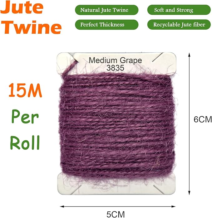 Jute Twine 15m Long Twine String for Crafts Gift Wrapping Packing Gardening Crochet Knitting Macrame Decor (Medium Grape)
