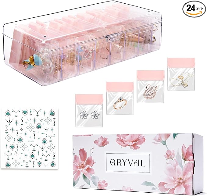 Jewelry Organizer and Storage Box with 24 EVA Anti Tarnish Bags, Travel Acrylic Case for Earrings, Necklaces & Rings, Elegant Gift for Women & Girls (S&Organizer(Clear))