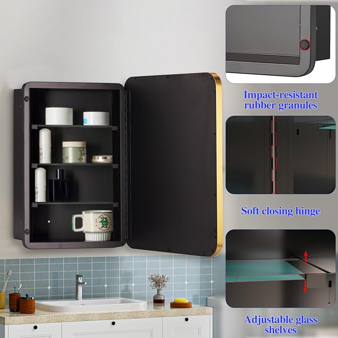 Bathroom Medicine Cabinet,20"x26" Mirror Door with Stainless Steel Brush Gold Frame,Recessed & Surface Wall Cabinet with Glass Shelves,Rust-Resistant Bathroom Storage Cabinet