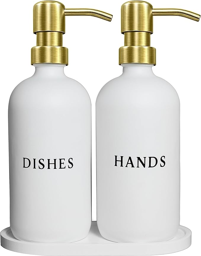 White Glass Hand and Dish Soap Dispenser Set - Modern Farmhouse Sink Accessories - Liquid Soap Dispenser - 16 oz Kitchen Sink Soap Dispenser Set with Tray, Gold Pumps & Funnel