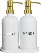 White Glass Hand and Dish Soap Dispenser Set - Modern Farmhouse Sink Accessories - Liquid Soap Dispenser - 16 oz Kitchen Sink Soap Dispenser Set with Tray, Gold Pumps & Funnel