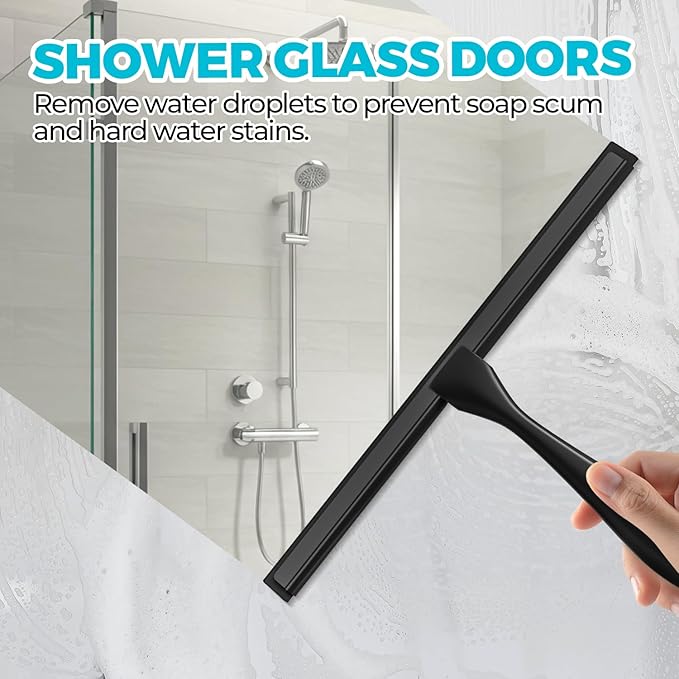 12-Inch All-Purpose Shower Squeegee for Shower Doors, Tile Shower Walls, Bathroom, Window, Glass and Car Windshield, Mirrors and Kitchen-Stainless Steel, Black