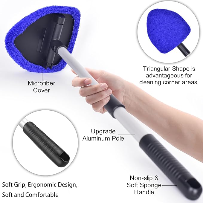 desin Windshield Cleaning Tool, Car Window Cleaner Windshield Cleaner with 4 Reusable and Washable Microfiber Pads and Extendable Handle Auto Inside Glass Wiper Kit (Dark Blue)