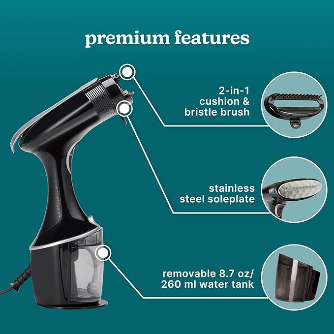 Homedics PerfectSteam Handheld Garment Steamer for Clothes, Sheets and Curtains - 1550 Watts Portable Garment Steamer, Fast Heat, Turbo Power, 15-Minute Continuous Steam, Built-In Crease Attachment