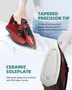 Cordless Iron for Clothes - 1500W Steam Iron with Non-Stick Ceramic Soleplate, Rapid Heating, Auto Shut Off, Burst of Steam, Self-Clean, Anti-Drip, Anti-Calc, 3 Temperature Settings, Red