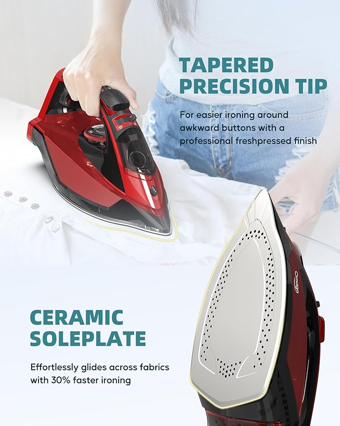 Cordless Iron for Clothes - 1500W Steam Iron with Non-Stick Ceramic Soleplate, Rapid Heating, Auto Shut Off, Burst of Steam, Self-Clean, Anti-Drip, Anti-Calc, 3 Temperature Settings, Red