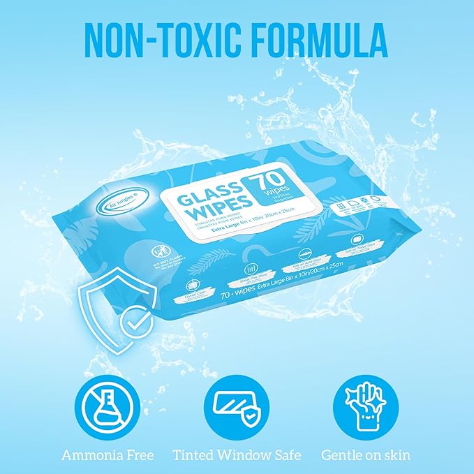 Air Jungles Glass and Window Cleaner Wipes 70 Count, Extra Large 8" x 10" Size Multi-Surface Glass Cleaning Wipes for Car Windshield, Headlight, Mirror, Tile, and Household Appliance