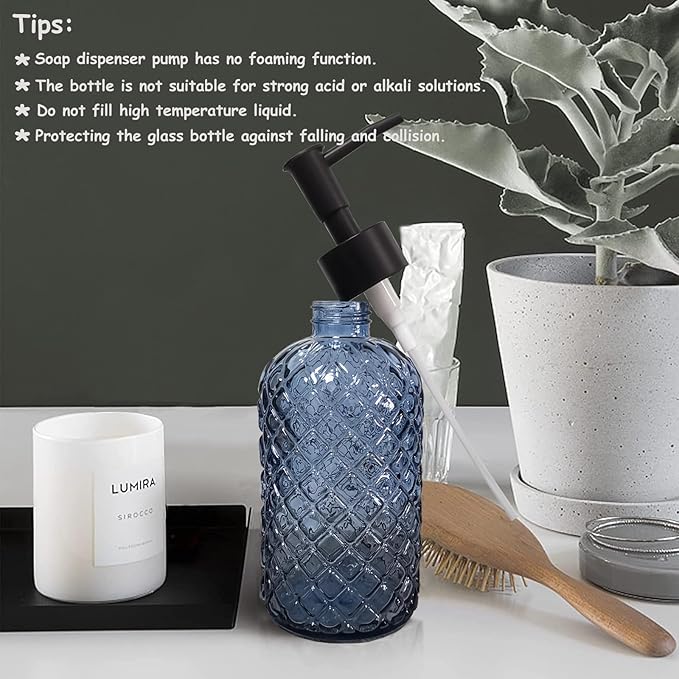 Blue Glass Dish Soap Dispenser for Kitchen, 12oz Refillable Liquid Hand Soap Dispenser Set, 2 Pack Crystal Lotion Bottle for Modern Home Decor, Bathroom Countertop, Hotel