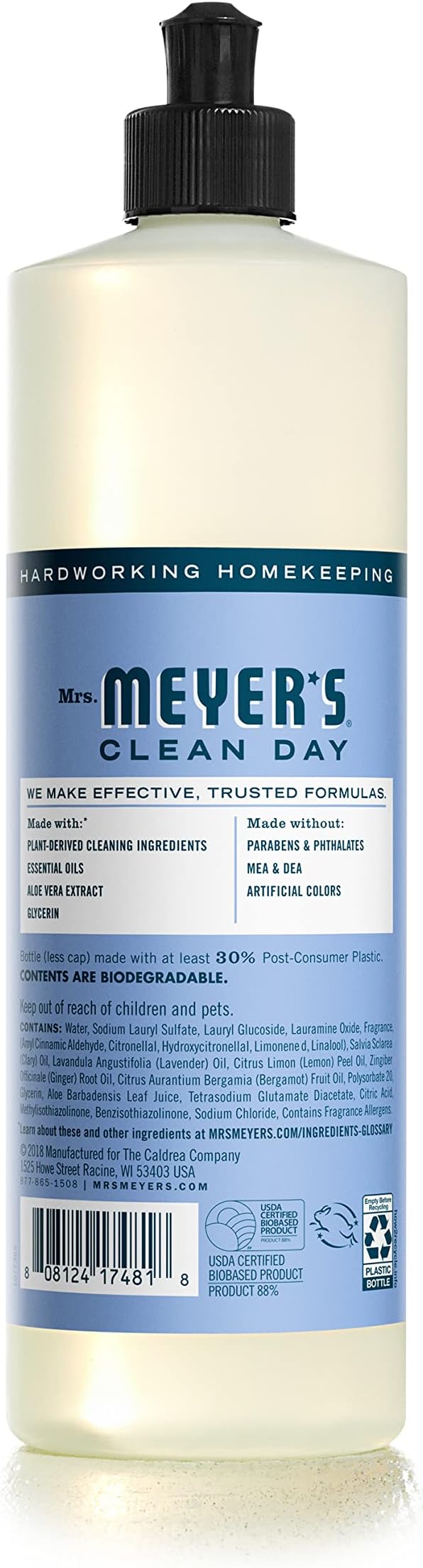 MRS. MEYER'S CLEAN DAY Liquid Dish Soap, Biodegradable Formula, Bluebell, 16 fl. oz - Pack of 6