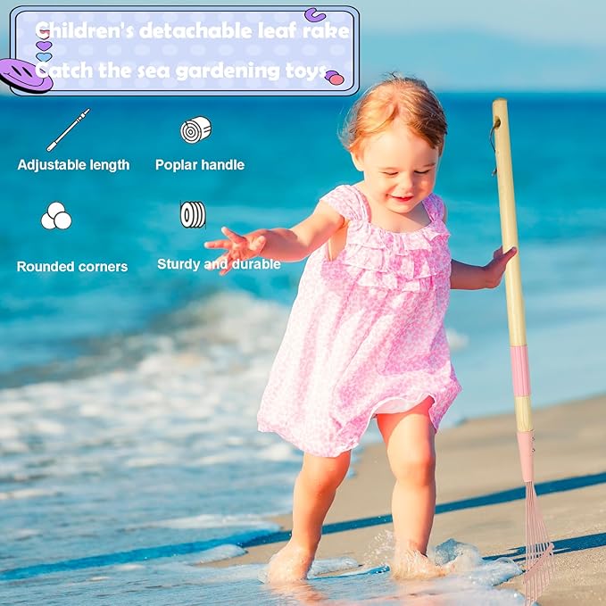 Kids Leaf Rake-Small Wooden Handle Leaf Rake with Metal Tines, 27inches /69cm Length, for Kids Enjoy Garden Cleaning Activities (Pink)