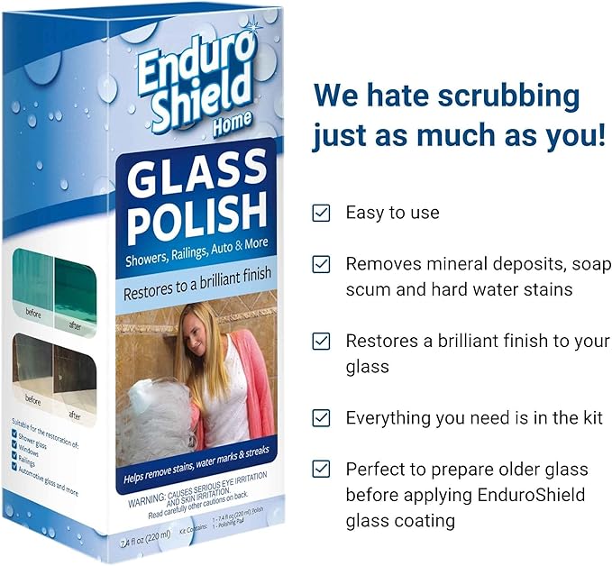 Shower Door Glass Polish – Water Spot Remover & Hard Water Stain Cleaner for Cloudy Shower Doors – Removes Soap Scum, Limescale & More – 7.4 fl oz