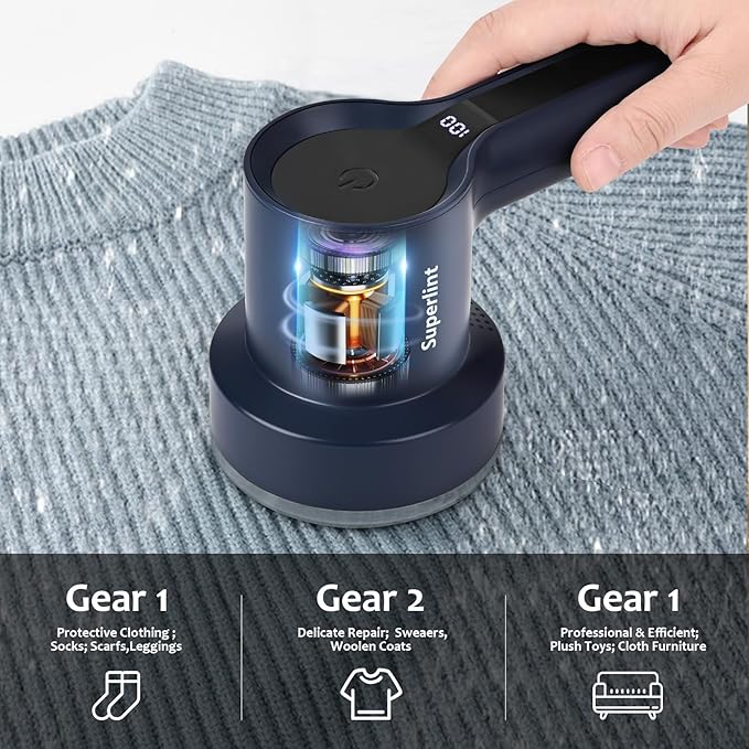 SUPER LINT Electric Fabric Shaver, Sweater Shaver with LED Display, 6-Leaf Blades, Clothes Brush, 3-Speeds for Removing Fuzz and Pill Form Clothing, Couch, Furniture, Navy Blue