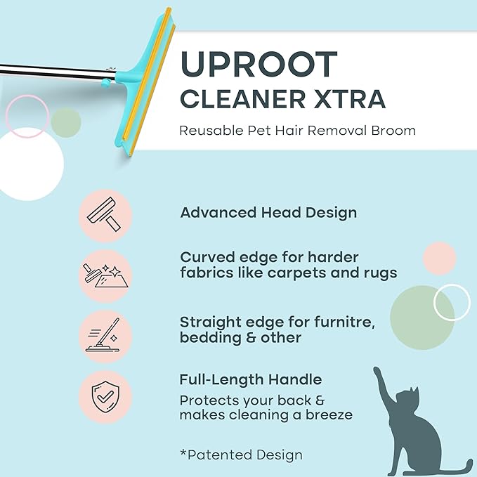 Uproot Cleaner Xtra Pet Hair Removal Tool: Reusable Carpet Rake with Telescopic 60" Handle - As Powerful as Uproot Cleaner Pro Pet Hair Remover, but Made for Carpets, Curtains - Don't Bend Don't Kneel