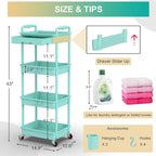 Goovilla 4 Tier Rolling Utility Cart Organizer with Removable Drawer, Stable and Sturdy Blue Rolling Storage Carts with 2 Lockable Wheels for Bathroom, Kitchen, Snack, Craft, Makeup, Baby Essentials