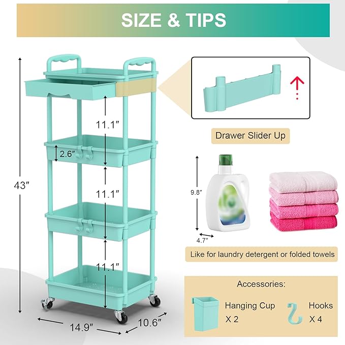 Goovilla 4 Tier Rolling Utility Cart Organizer with Removable Drawer, Stable and Sturdy Blue Rolling Storage Carts with 2 Lockable Wheels for Bathroom, Kitchen, Snack, Craft, Makeup, Baby Essentials