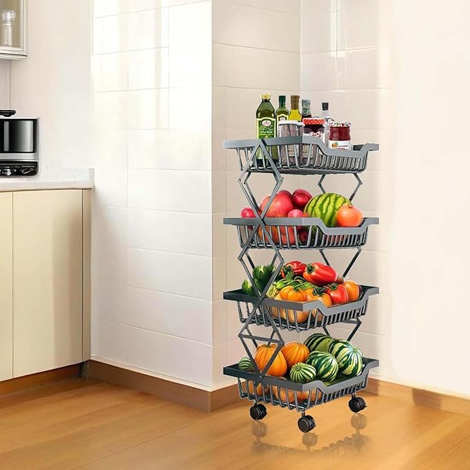 Rolling Utility Cart, Foldable Metal Shelf Organizer with Locking Wheels, Multi-Purpose Storage Rack for Kitchen, Office, Laundry, 14.17" L x 10.71" W x 29.5" H Black 4 Tiers