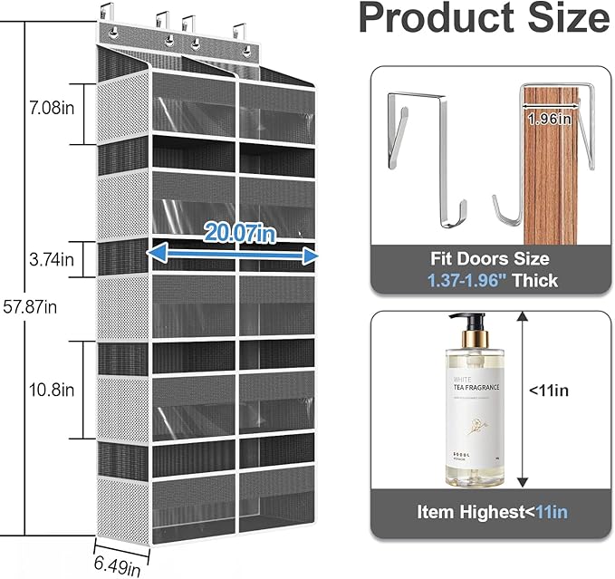 Over The Door Organizer Multi Pocket,5 Tier Large Hanging Shelf for Storage Kids Toys, Diapers, Clothes,Yarn,Heavy Duty Behind Door Storage for Bedroom Bathoom Nursery Closet Pantry,Gray