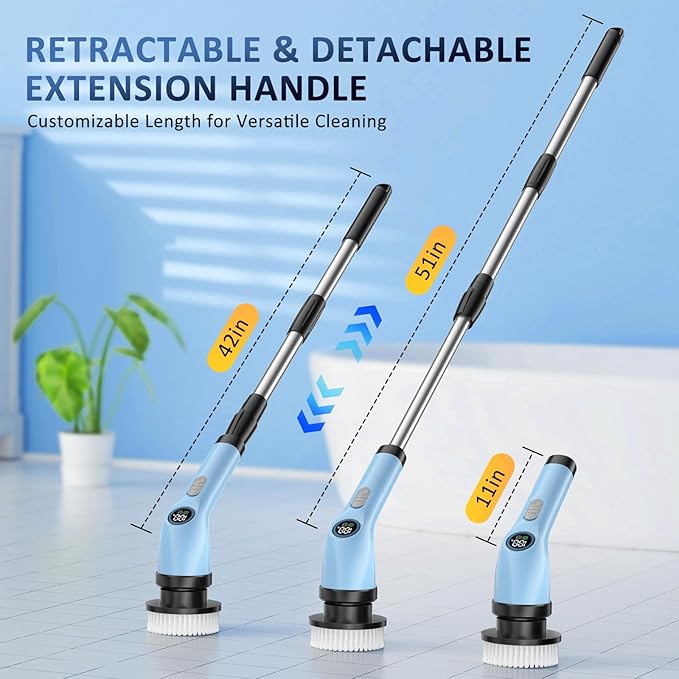 Electric Spin Scrubber Upgraded Battery with Extra-Long Runtime, IPX7 Waterproof Power Cleaner with 7 Brush Heads, 2 Speeds Adjustable Long Handle for Bathroom, Floor, Shower, Tile & Kitchen Cleaning