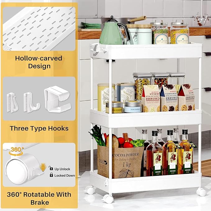 SPACEKEEPER Storage Rolling Cart, 3 Tier Laundry Room Organization Utility Cart Bathroom Organizer Mobile Shelving Unit Shelves Multi-Functional Trolley, White
