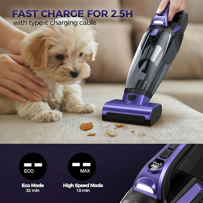 Pet Hair Handheld Vacuum Cordless: 20000PA High Power Car Vacuum with Motorized Brush and LED Light, Rechargeable Hand Held Vacuum Cleaner with Reusable Filter for Car, Home, Office & Pet, Purple