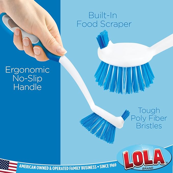 LOLA Pro Dish Brush Kitchen Scrubber | Poly Fiber Bristle | Built-in Food Scraper | Comfort Rubber Non-Slip Handle | Safe for Non-Stick & Coated Cookware | Dishwasher Safe for Cleaning 2 CT
