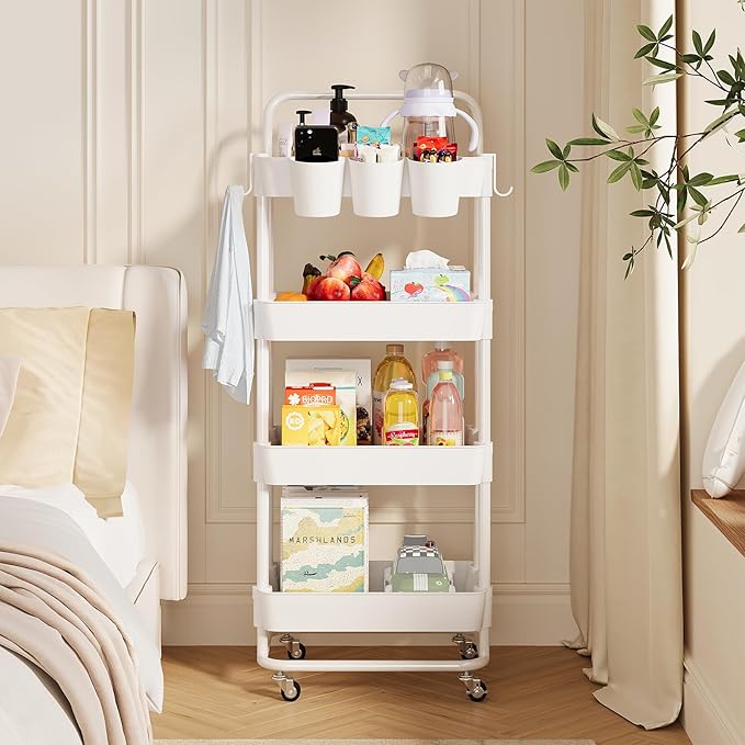 Buzowruil 4-Tier Rolling Utility Cart, Storage Cart with Handle Multi-Purpose and Locking Wheels,with Hanging Basket and Hook for Office, Kitchen, Bathroom,White
