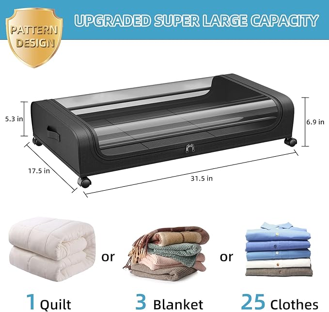 Under Bed Storage Containers, Under Bed Shoe Storage With Wheels, Bedroom Storage Organization with Handles, Under Bed Storage Bins Drawer For Clothes, Blankets And Shoes, Bedding