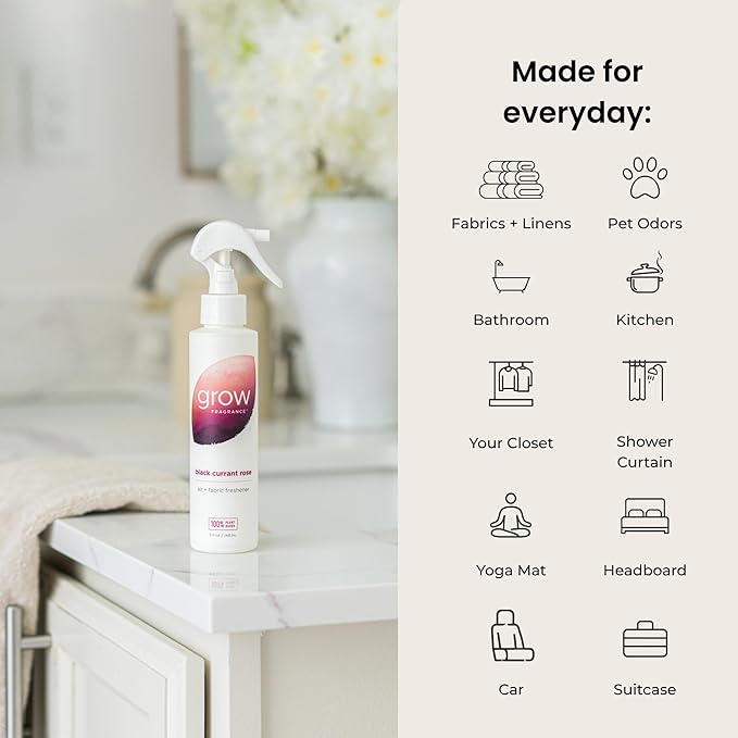 Grow Fragrance - Certified 100% Plant Based Air Freshener + Fabric Freshener Spray, Made with All Natural Essential Oils, Black Currant Rose - Limited Edition!