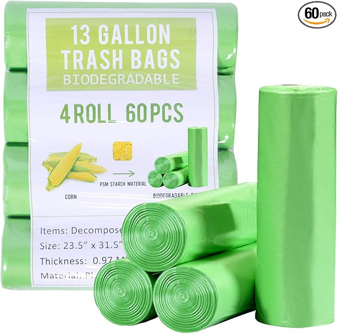 Jaoul Trash Bags 13 Gallon, Small Garbage Bags, Strong & Unscented Trash Bags for Kitchen, Bathroom, Office, Restroom, Car, Green, 60 Counts