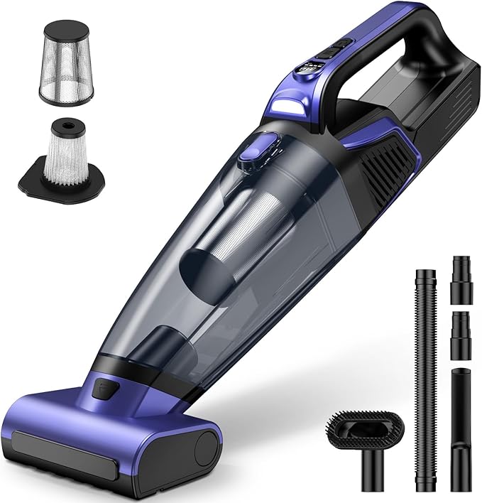 Pet Hair Handheld Vacuum Cordless: 20000PA High Power Car Vacuum with Motorized Brush and LED Light, Rechargeable Hand Held Vacuum Cleaner with Reusable Filter for Car, Home, Office & Pet, Purple
