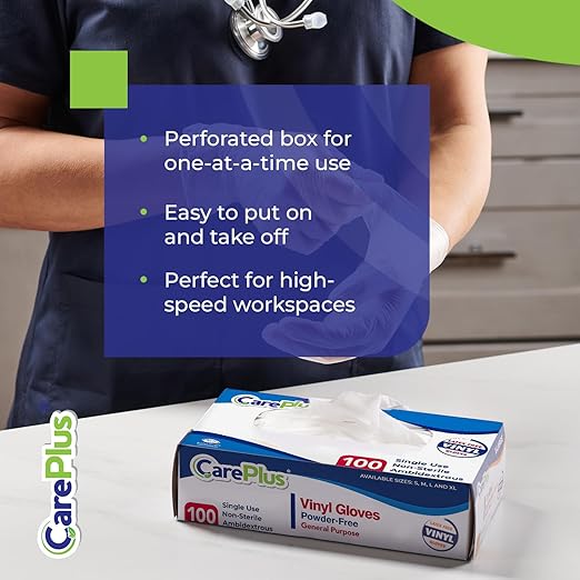 CARE PLUS Vinyl Gloves Clear Small Size 1000 Count | Heavy Duty, Non-Sterile, Powder-Free, Latex-Free Rubber | Food Prep, Kitchen & Cleaning Gloves, Ideal for Professional Use