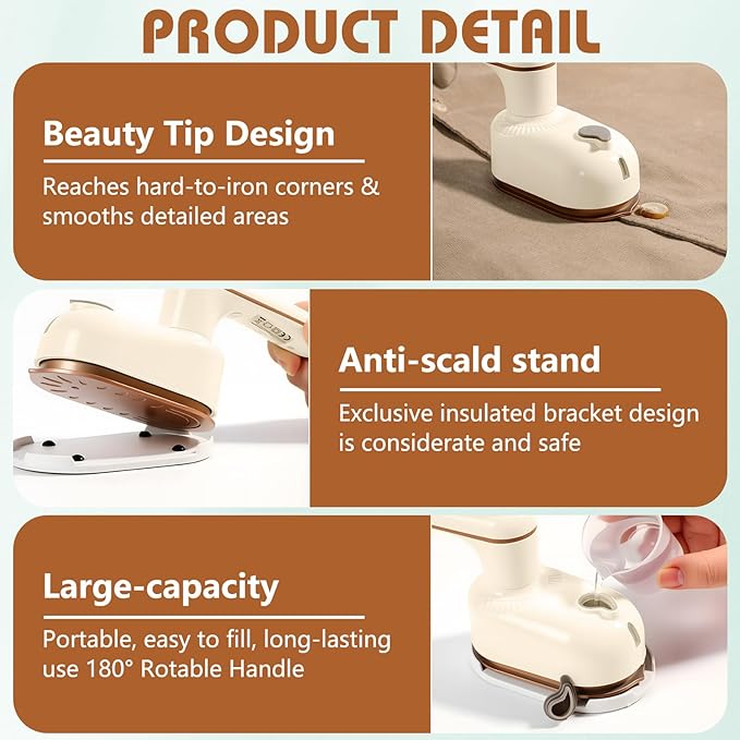 Handheld Portable Steam Iron, 2-in-1 Steamer and Iron, Saker Portable Steamer for Clothes, Continuous Steam & Dry Ironing, 180° Swivel Handle, Compact for Home, Dorm, Travel, Hotels (White)