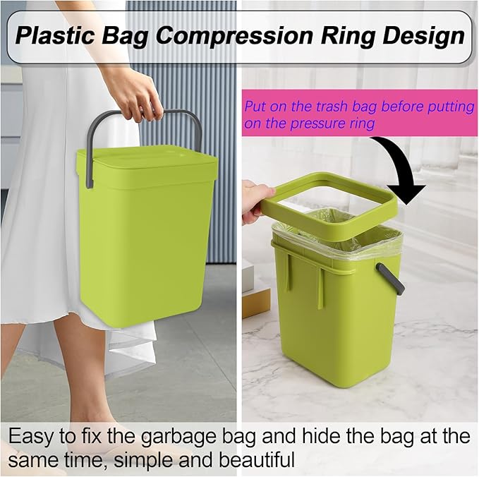 Compost Bin Kitchen, Bring 5 Rolls (100) of Garbage Bags, for Use on Countertops or Under Sinks, Hanging Trash Can with Lid, for Cupboard/Bathroom/Bedroom/Office/Camping(Green 0.8 Gallon/3L)
