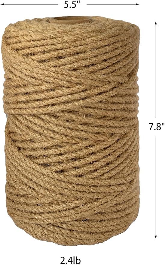 2-Pack Natural Jute Twine Rope, 5mm x 656ft Heavy Duty & Eco-Friendly - for Crafts, Gardening, Cat Scratching Post, Bundling & Hanging, 328Feet/Roll