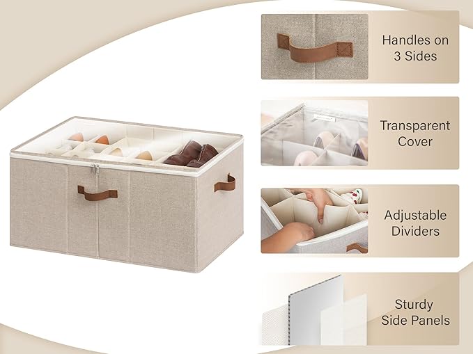 StorageWorks Shoe Organizer for Closet, Fits up to 24 Pairs, Shoe Cubby Storage Containers with Adjustable Dividers and Clear Cover, Taupe