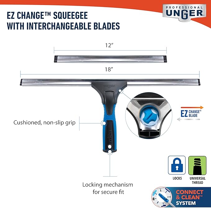 Unger Professional Connect and Clean 18” EZ Change Window and Glass Cleaning Squeegee, Large and Small Windows, Rubber Blade Tool for Streak-Free Results, Includes 12” Channel