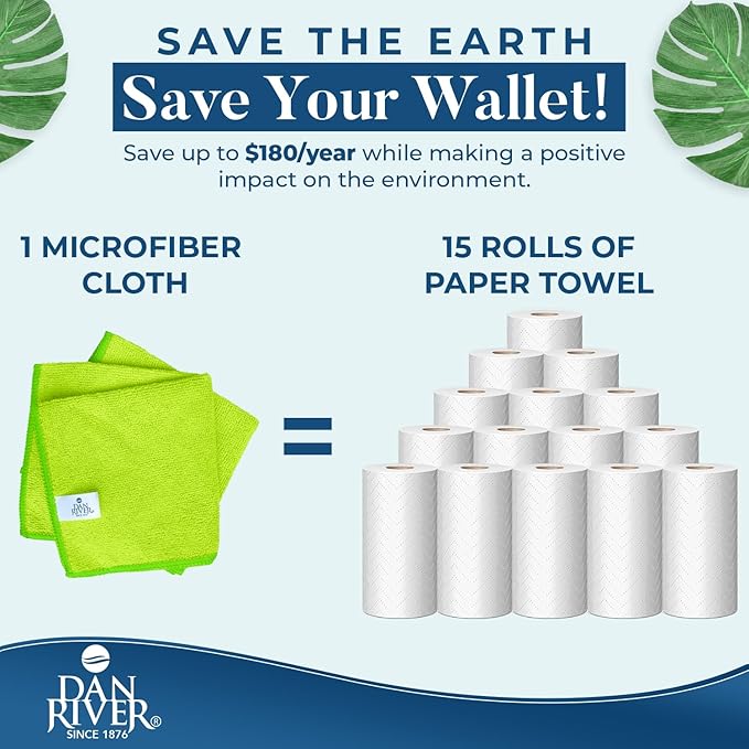 DAN RIVER 12-Pack Green Microfiber Towels – Ultra Absorbent, Lint-Free & Streak-Free Terry Cloth Rags for Home, Car & Kitchen - Must-Have Cleaning Essentials - 12" x 12"