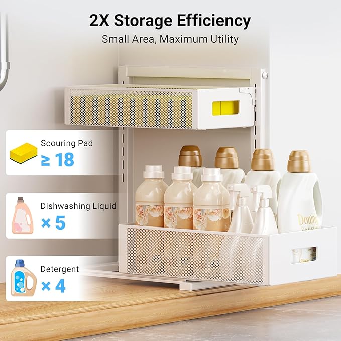 Pull-out Under Kitchen Sink Organizer, Metal Functional Under Sink Organizer, Height Adjustable Under Bathroom Sink Organizer, Under Sink Storage for Kitchen Bathroom Cabinet (White)