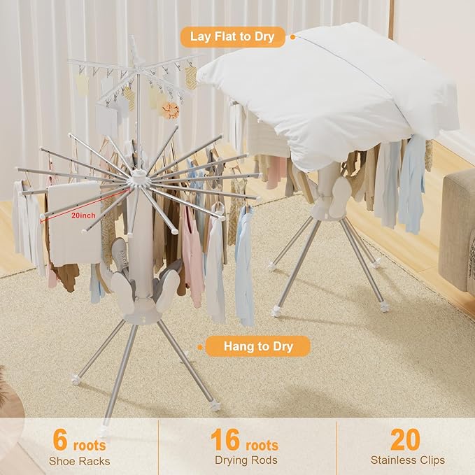Clothes Drying Rack Foldable, 4-Legged Portable Drying Rack Clothing with 20 Clips, Shoe Dryer Rack, Outdoor Laundry Drying Racks with 4 Pulleys, Aluminum Hanging Dry Rack for Clothes,Socks,Towel