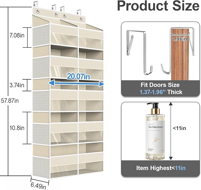 Over The Door Organizer Multi Pocket,5 Tier Large Hanging Shelf for Storage Kids Toys, Diapers, Clothes,Yarn,Heavy Duty Behind Door Storage for Bedroom Bathoom Nursery Closet Pantry,Beige