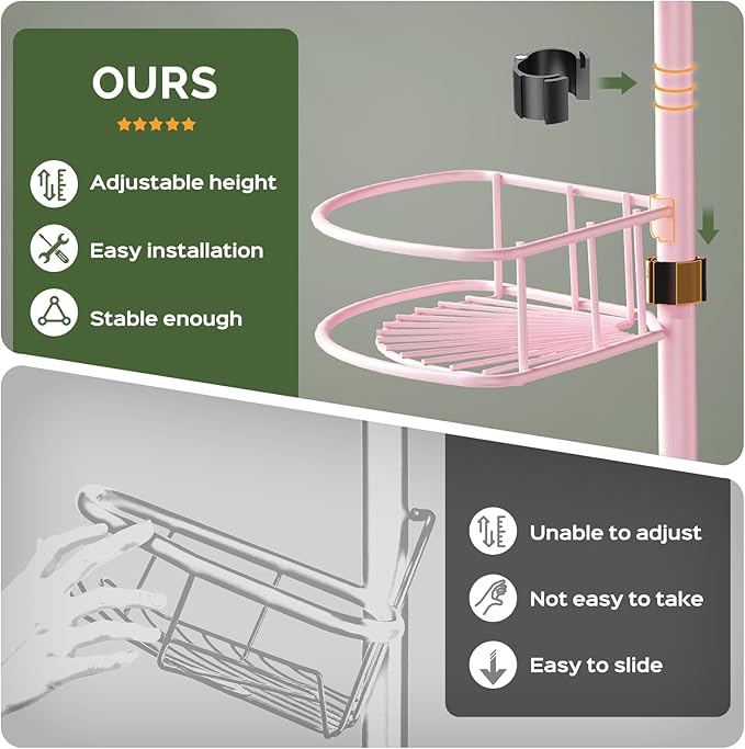 HAMITOR Corner Shower Caddy Tension Pole: 4-Tier Rust-Resistant Adjustable Bathroom Organizer Shelves - 47-121 Inch No-Drill Quick Installation - Space-Saving Storage for Renters Family - Pink