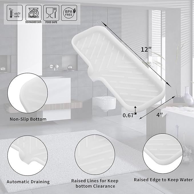 Silicone Bathroom Soap Dishes with Drain Spout-Bathroom and Kitchen Sink Organizer,Sponge Holder,Dish Soap Tray,Perfect for Dispenser,Scrubber,Bottle,Cup on Sink or Counter-Translucent 12"×4"