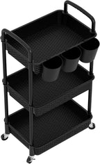 MOYIPIN 3-Tier Plastic Rolling Utility Cart with Handle,Utility Storage Cart for Office, Living Room, Kitchen,Movable Storage Organizer Shelves,Black with 3 Hanging Cups
