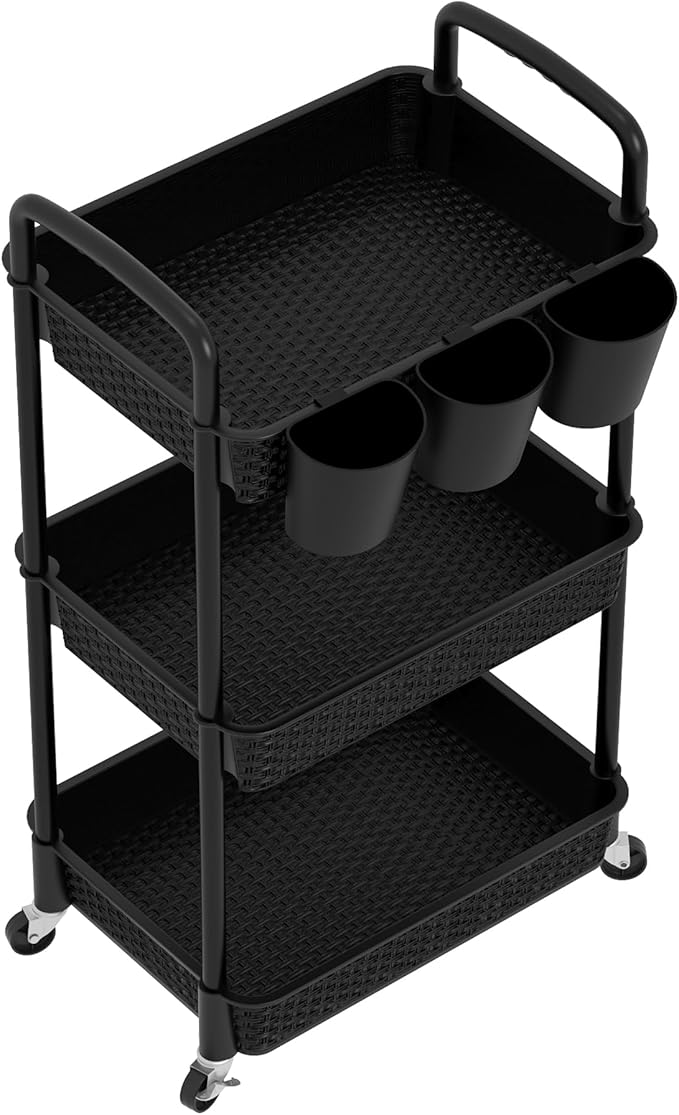 MOYIPIN 3-Tier Plastic Rolling Utility Cart with Handle,Utility Storage Cart for Office, Living Room, Kitchen,Movable Storage Organizer Shelves,Black with 3 Hanging Cups