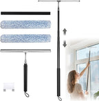 Squeegee for Shower Glass with Long Handle – Extends 13" to 48", Includes 2 Towel Sleeves, Replacement Silicone Blade & Hook, 14" Wide Blade for Glass, Mirrors, Windows & Tile Walls (Black)