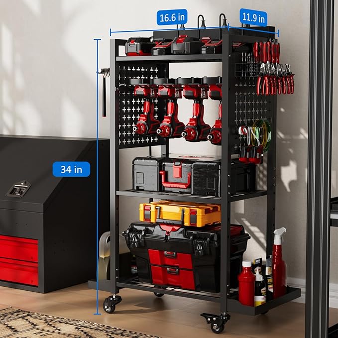 Power Tool Organizer Cart with 8 Power Outlet & Adjustable Storage, Garage Workshop Tool Box Cart, Gifts for Men
