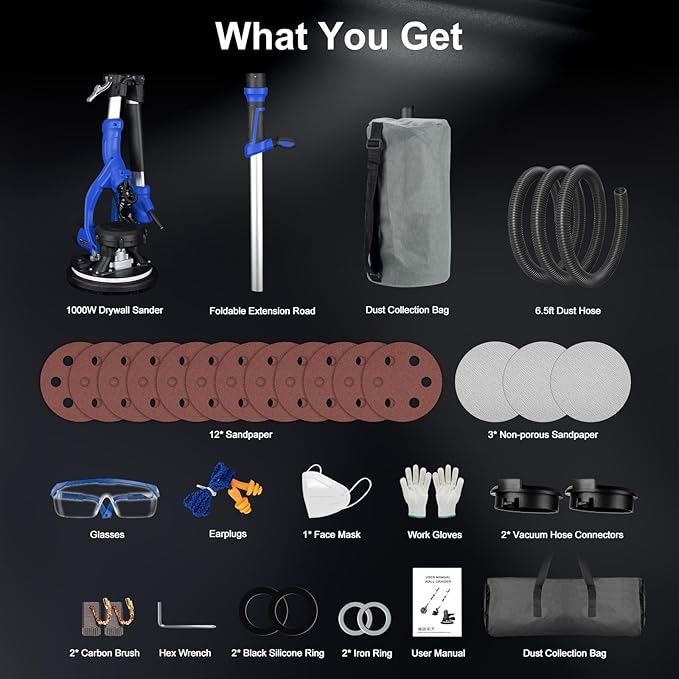 Drywall Sander, 1000W Popcorn Ceiling Removal Tool, Foldable Automatic Drywall Sander with Vacuum Dust Collection, LED Light, 6 Variable Speed 800-2200RPM,15Pcs Sanding Discs (Blue）