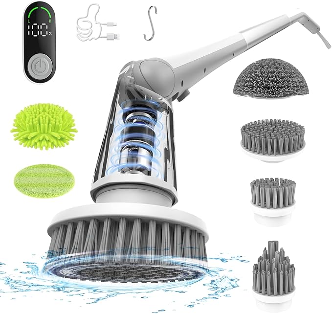 Electric Spin Scrubber - Powerful Cordless Waterproof Cleaning Brush with 6 Replaceable Heads, Rechargeable Multi-Surface Scrubber for Bathroom, Kitchen, Floors, Tiles, and More