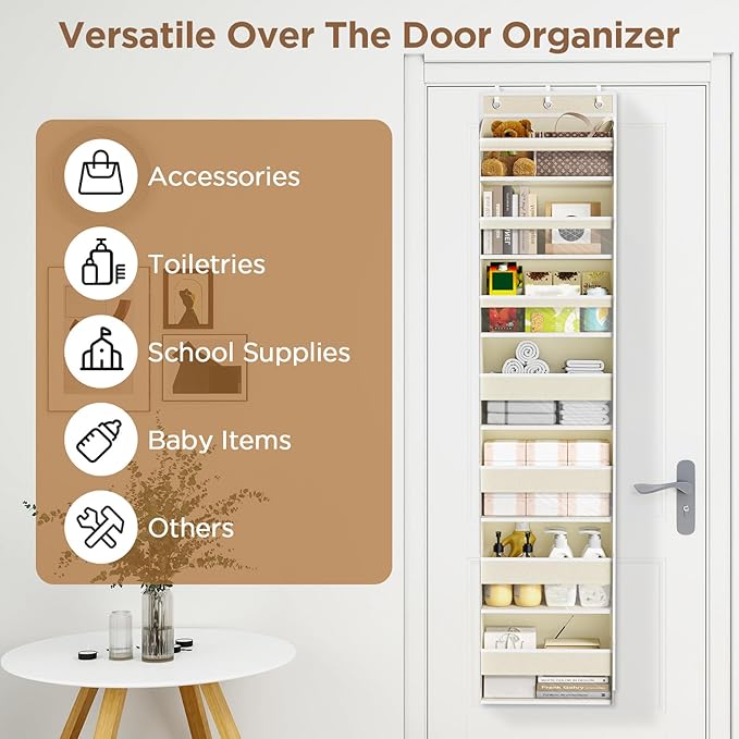 Over The Door Organizer, 7 Tier Door Hanging Organizers with 7 Large Pockets 12 Side Pockets, Behind Door Storage Hanging Shelves for Closet Bathroom Bedroom Nursery